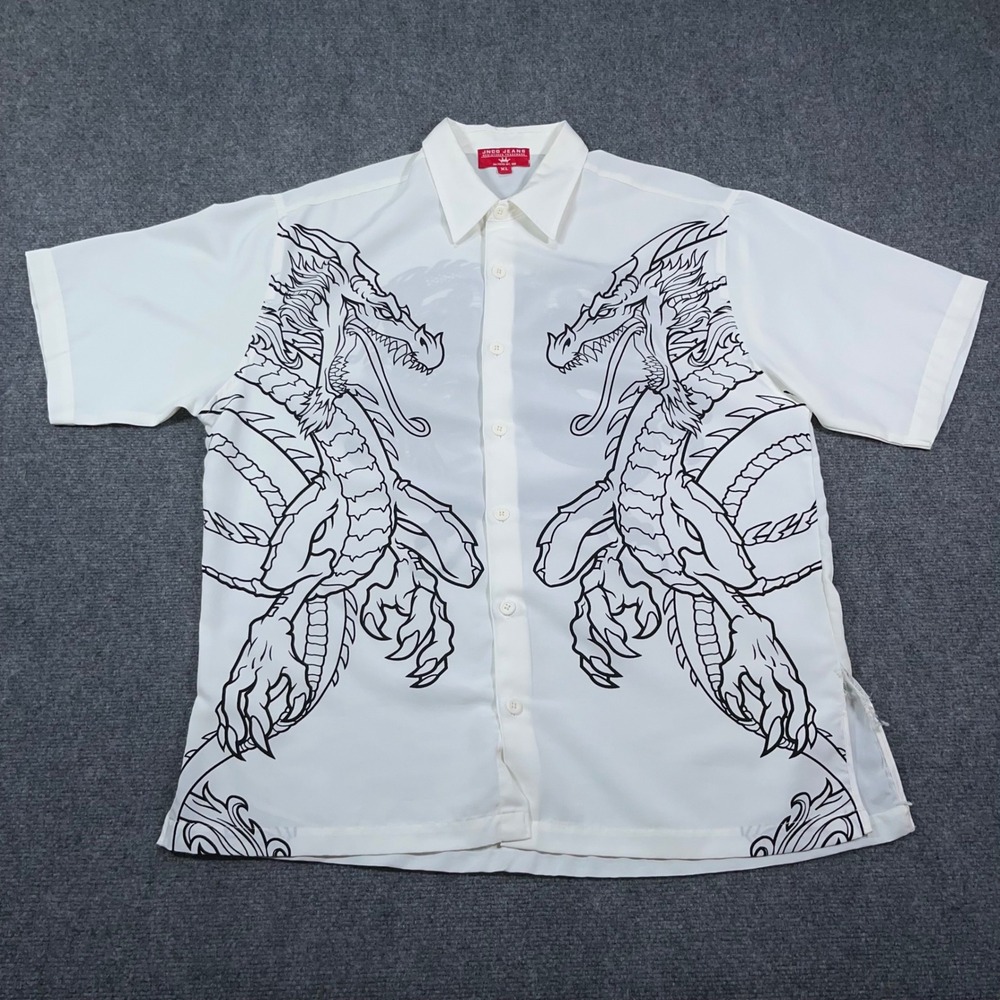 JNCO Jeans Dragon Graphic Button Down Shirt Mens XL Short Sleeve White Y2K *READ